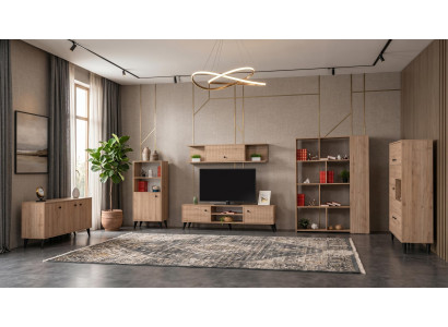Braunes Wohnzimmer-Set TV-Schrank Vitrinenschrank Bücherregal