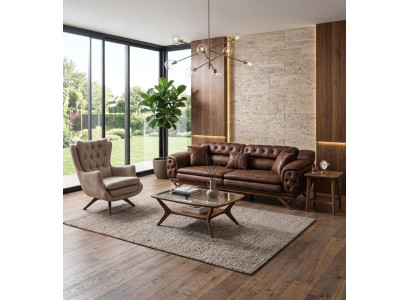 Chesterfield Braunes Ledersofa mit Sessel Beige Wohnzimmer Garnitur