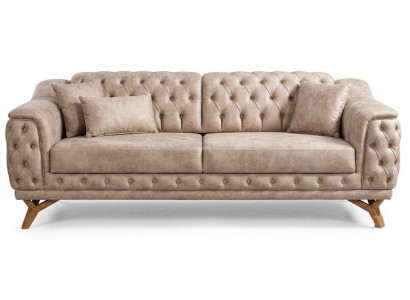 Beiges Chesterfield Sofa 3 Sitzer Leder Holzfüße Wohnzimmer Luxus