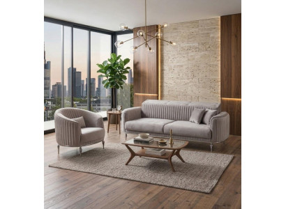 Moderne Polstergarnitur Grau Sofa Sessel Metallgestell Komfort