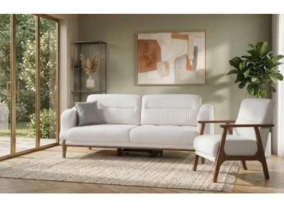 Moderne Sofa Garnitur Weiß Stoff Couch Sessel Holz Design