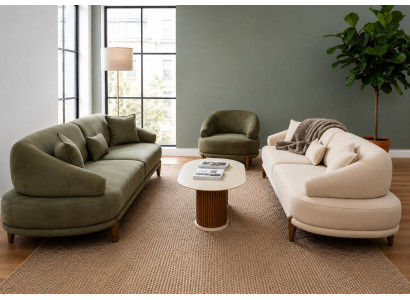 Modernes Wohnzimmer Set Grün Sofa Sessel Stoff Holz Design Möbel