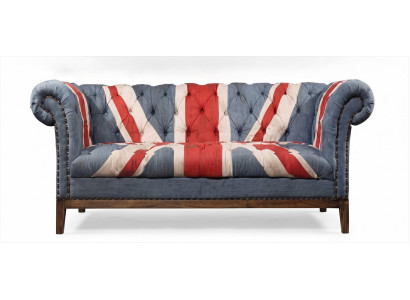 Chesterfield 2 Sitzer Sofa Union Jack Blau Samt Vintage British Retro
