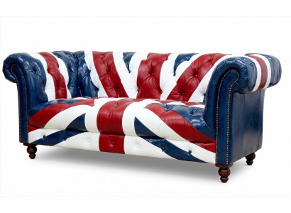Chesterfield 3-Sitzer Sofa Union Jack Leder British Vintage Dunkelblau