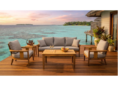 Grau-Braunes Lounge Set 3-Sitzer Sofa 2 Sessel Couchtisch Holz