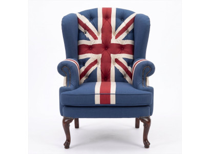 Union Jack Ohrensessel British Vintage Retro Blau Knopfheftung Holz