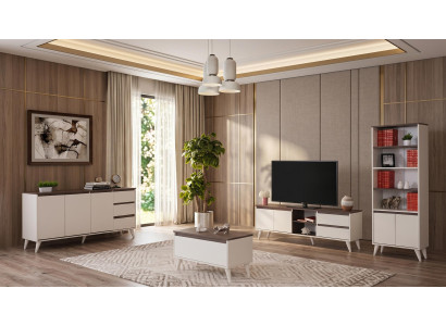 Beige-braunes Wohnzimmer-Set TV-Schrank Couchtisch Konsole Bücherregal modern