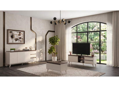 Beige-braunes Wohnzimmer-Set TV-Schrank Couchtisch Konsole TV-Ecke modern