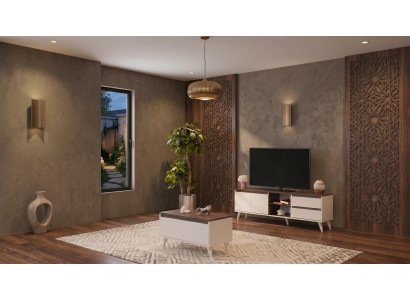 Beige-braunes Wohnzimmer-Set stilvoller TV-Schrank Couchtisch Fernsehgarnitur