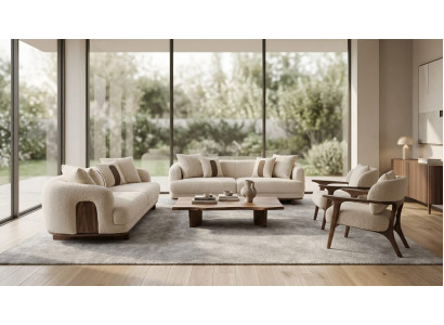 3+3+1+1-Sitzer Sofa Set Beige Textil Holz Modern Zeitgenössisch Komfort