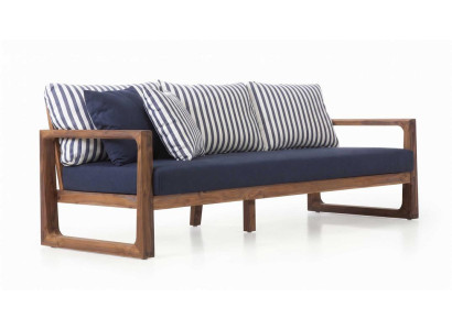 Modernes 3-Sitzer Gartensofa Blau Braun Holzgestell Polstersofa