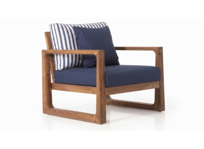 Moderner Loungesessel Blau Braun Holzgestell Polstersessel Terrasse