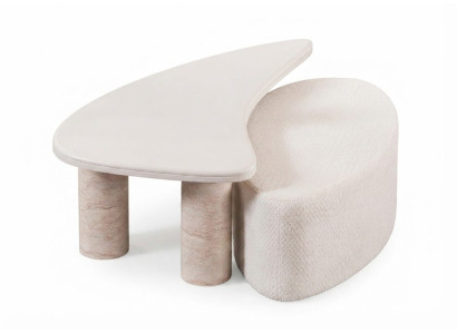 Design Couchtisch mit Pouf Hocker Set Modern Beige Wohnzimmer