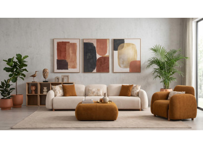 Wohnzimmer Set 3 Sitzer Tisch Sessel Modern Beige Gemütlich Zeitlos
