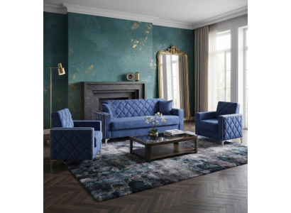 Wohnzimmer-Set Rautenförmigem Muster Schlafsofa 2x Schlafsessel Blau