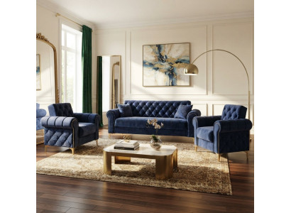 Wohnzimmer-Set Schlafsofa 2x Schlafsessel Rautenförmiger Ziernaht Blau
