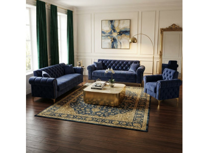 Wohnzimmer-Set 2x Schlafsofa Schlafsessel Rautenförmiger Ziernaht Blau