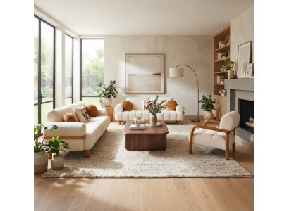 Wohnzimmer-Set 2x 3 Sitzer Sofa Sessel Zartem Weißem Bezug Holzbeinen