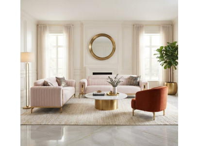 Wohnzimmer-Set 2x Schlafsofa Beiges Sessel Orangefarbener Metallbeinen