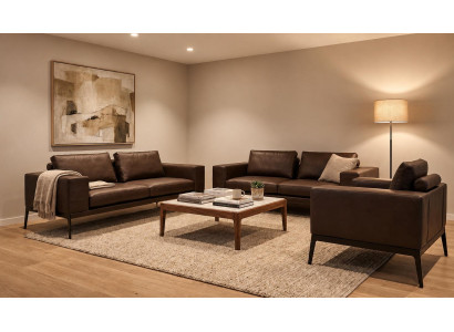 Zwei Dreisitzer Sofa Sessel Set Kunstleder Braun Metallgestell Modern