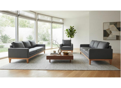 Zwei Dreisitzer Sofa Sessel Kunstleder Schwarz Holzgestell Modern