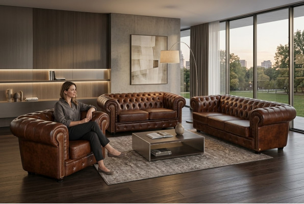 Ledersofa Sofagarnitur Sofa Couch Polster 3+2+1 Chesterfield Sitz Garnitur Neu