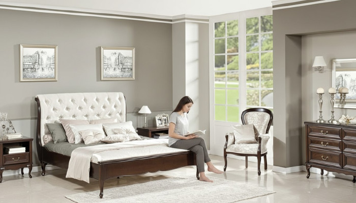 Komplett Schlafzimmer Bett Ehebett Nachttische Kommode Sessel Chippendale Royal