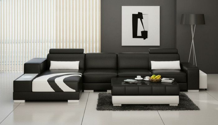 Sofa Couch Wohnlandschaft XXL Couch Ledersofa mit Ottomane Sofagarnitur V015
