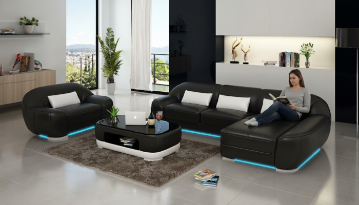 Ledersofa Couch Wohnlandschaft Ecksofa + Sessel Eck Garnitur Design
