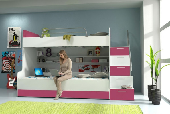 Doppelstockbett Etagenbett Bett Kinderbett Jugendbett Hochbett B003 Rosa/Weiß