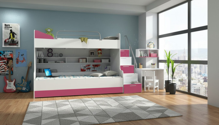 Doppelstockbett Etagenbett Bett Kinderbett Jugendbett Hochbett B003 Rosa/Weiß