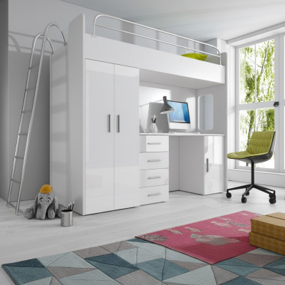 DOPPELSTOCKBETT STOCKBETT ETAGENBETT MIT SCHREIBTISCH+KLEIDERSCHRANK-RAJ 4D WEIß