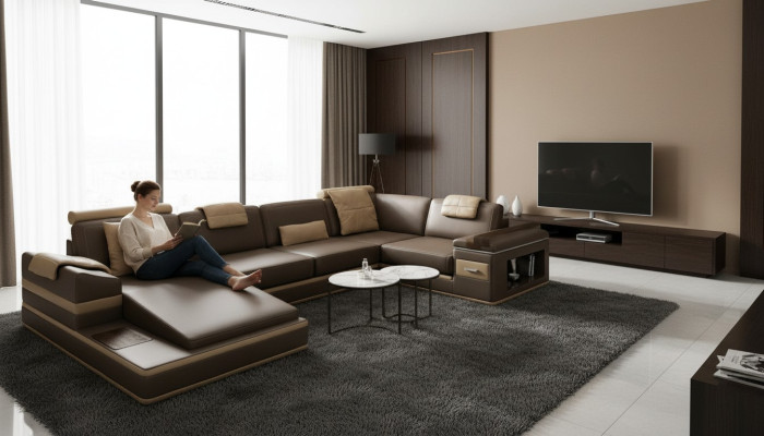 Ecksofa Sofa Couch Polster Leder Garnitur Wohnlandschaft Ecke Wohn Braun PHM104