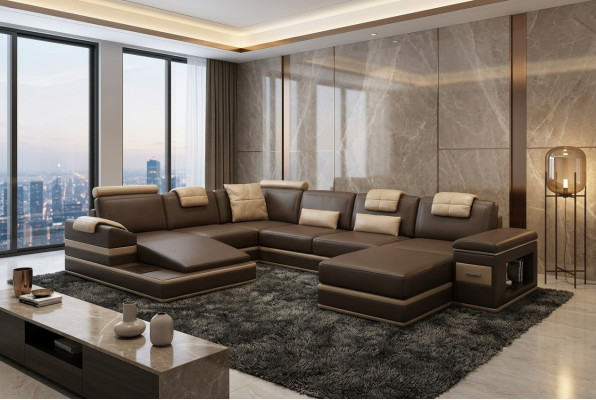 Ecksofa Sofa Couch Polster Leder Garnitur Wohnlandschaft Ecke Wohn Braun PHM104