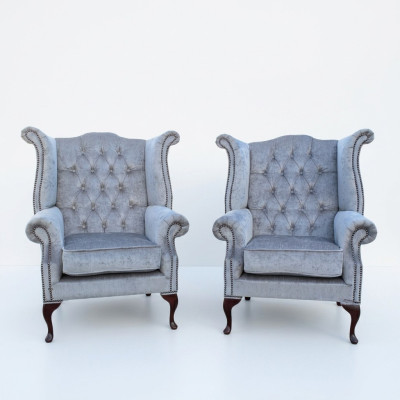 Chesterfield Ohrensessel Sessel Couch Sofa Polster Sitz Lounge Babyblau Relax