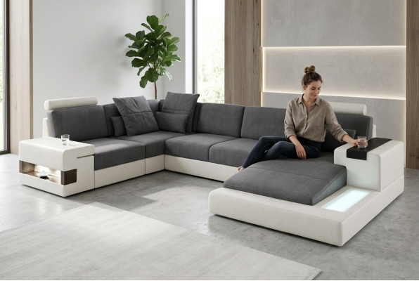 Wohnlandschaft Stoff Sofa Eck Sofa Couch Polster Garnitur U Form Stoff B-Grau