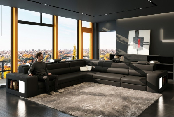 Ledersofa Sofa Couch Ecksofa Sitz Polster Wohnlandschaft XXL Big Weiden Black