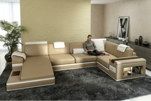 Ecksofa Sofa Couch Polster Leder Garnitur Wohnlandschaft Ecke Wohn Beige