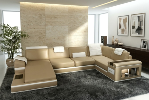 Ecksofa Sofa Couch Polster Leder Garnitur Wohnlandschaft Ecke Wohn Beige