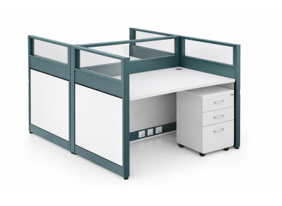 Modularer Büroarbeitsplatz mit Sichtschutz und Rollcontainer Set