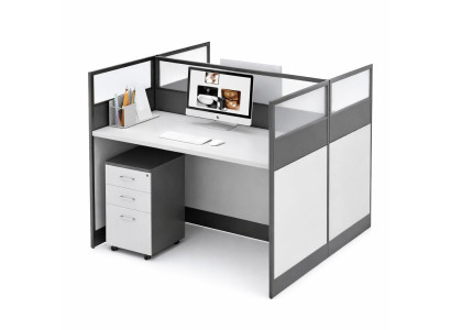 Moderner Bürotisch mit Sichtschutz und Glasaufsatzsystem in Grau