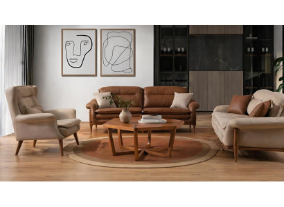 Braun Beige Polstergarnitur 3-Sitzer Sofa und Sessel Modernes Leder