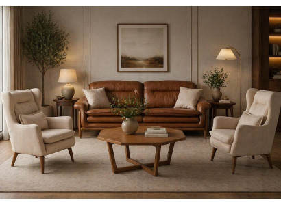 Polstergarnitur 3-Sitzer Sofa und Sessel in Braun und Beige Leder 3tlg