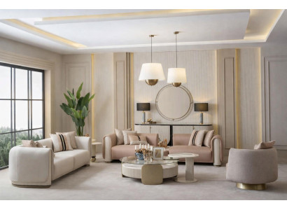 Stilvolles Beiges Wohnzimmer Set Designer 3-Sitzer Textilsessel Tisch