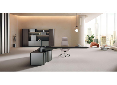 Brauner Büro-Set Designer Eckschreibtisch Robuster Sessel Bücherschrank