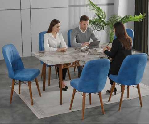 Esszimmer Essgruppen Esstisch Stühle Weiß Blau Rechteckig Holz Mramor
