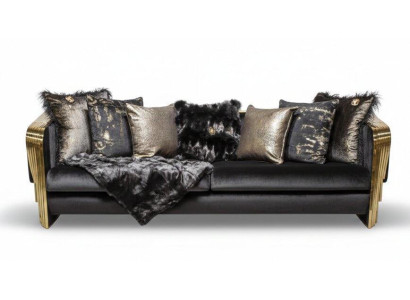 Schwarz-Goldene Textilcouch Edle Verarbeitung 3-Sitzer Sofa Möbel
