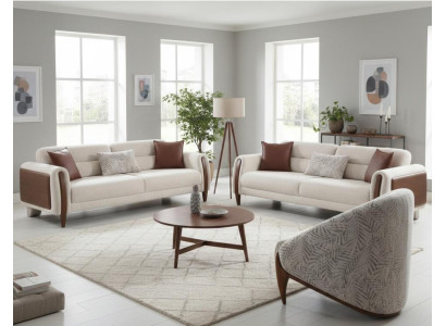 Modernes Beige Sofa Set 3+3+1 Sitzer Stoffsofa Wohnzimmer Elegant Polstermöbel
