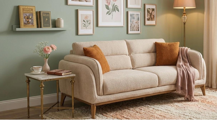 3-Sitzer-Sofa Beige Farbe Moderner Stil Weiche Armlehnen Holzrahmen Neu