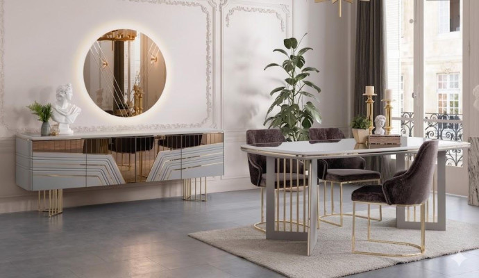 Esszimmer-Set: Esstisch, 3 Stühle, Sideboard & Spiegel Modern Luxus